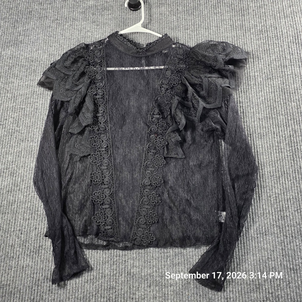 Haute Monde Womens Black Sheer Lace Ruffle Shoulder Top Mock Neck Large